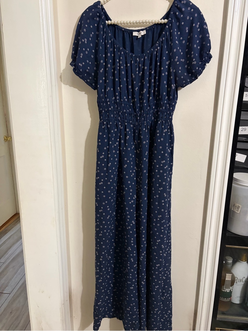 Madewell Navy Romper with Small White Floral Motif